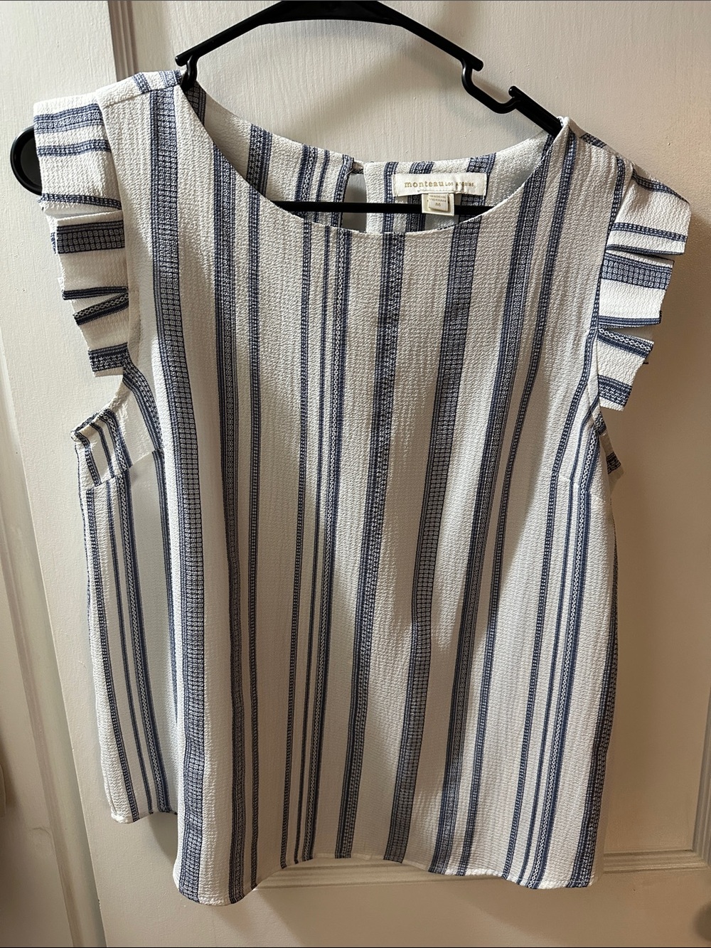 Monteau Cream and Blue Striped Ruffle Sleeve Tank Top